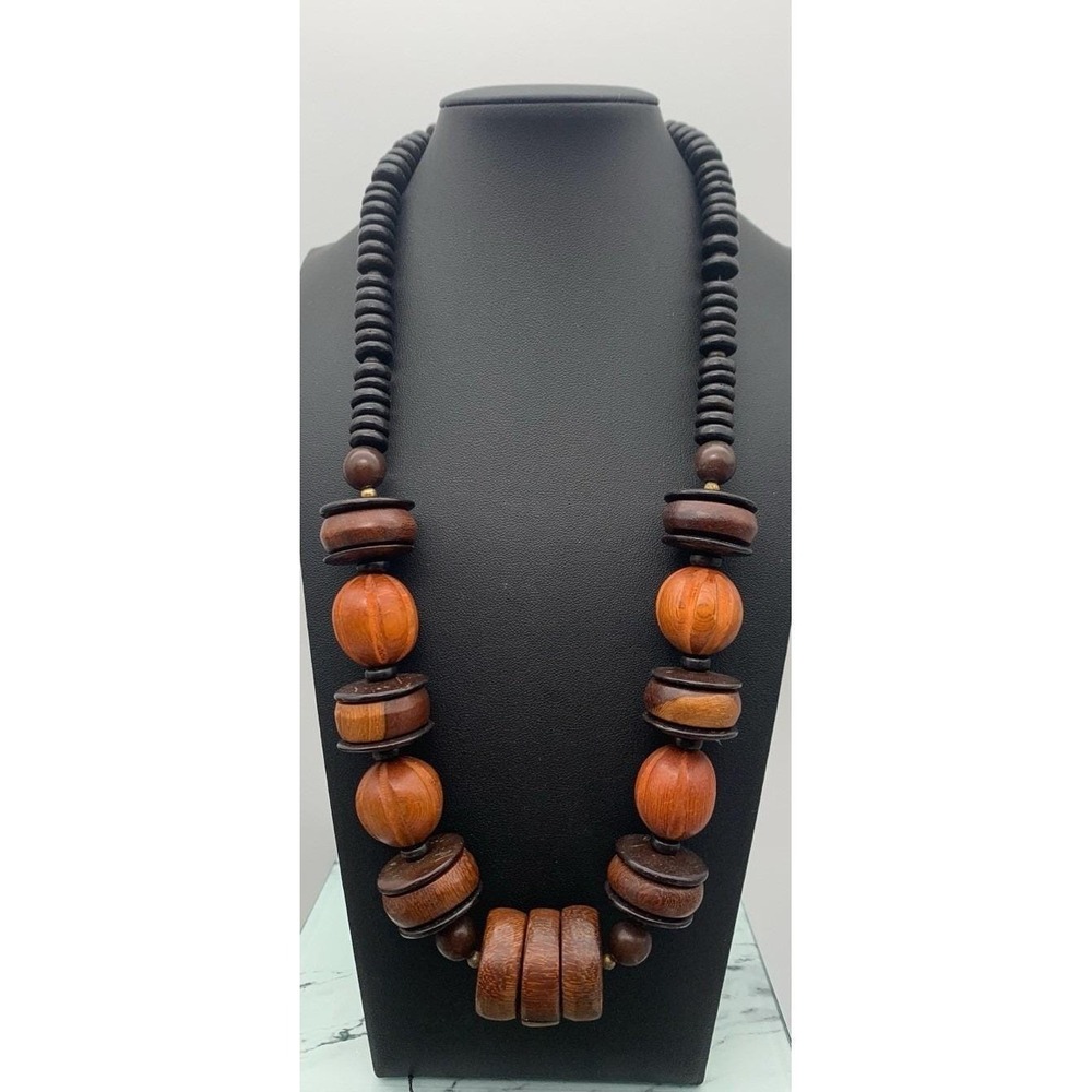 Vintage Chunky Wood Brown Tones Big Bold Wooden Beaded Necklace Boho Nature 24"